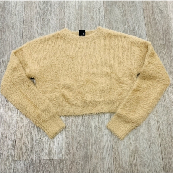 New! Soft Fuzzy Comfy Tan Comfy Cropped Long Sleeve Sweater - Picture 2 of 5